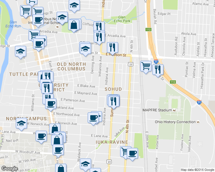 map of restaurants, bars, coffee shops, grocery stores, and more near 347 East Maynard Avenue in Columbus