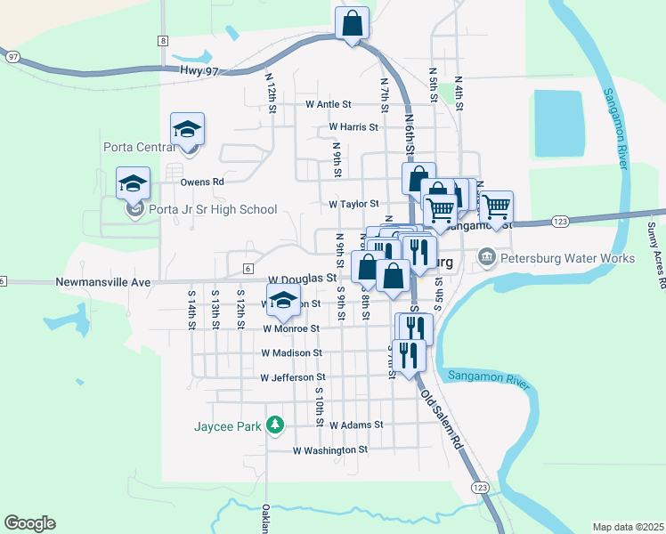 map of restaurants, bars, coffee shops, grocery stores, and more near 300-398 West Douglas Street in Petersburg