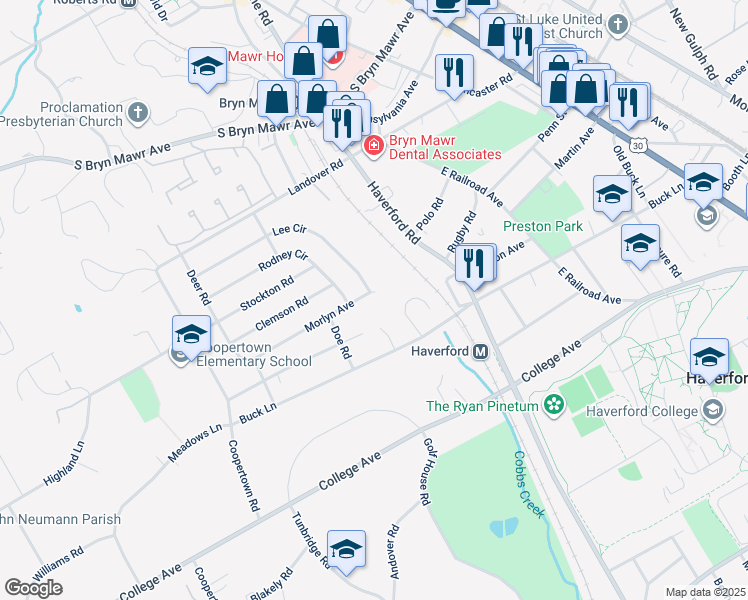map of restaurants, bars, coffee shops, grocery stores, and more near 217 Morlyn Avenue in Bryn Mawr