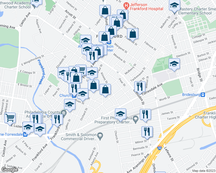 map of restaurants, bars, coffee shops, grocery stores, and more near 1802 Kinsey Street in Philadelphia