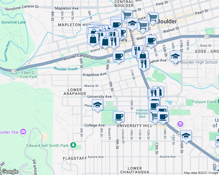 map of restaurants, bars, coffee shops, grocery stores, and more near 1557 9th Street Avenue in Boulder