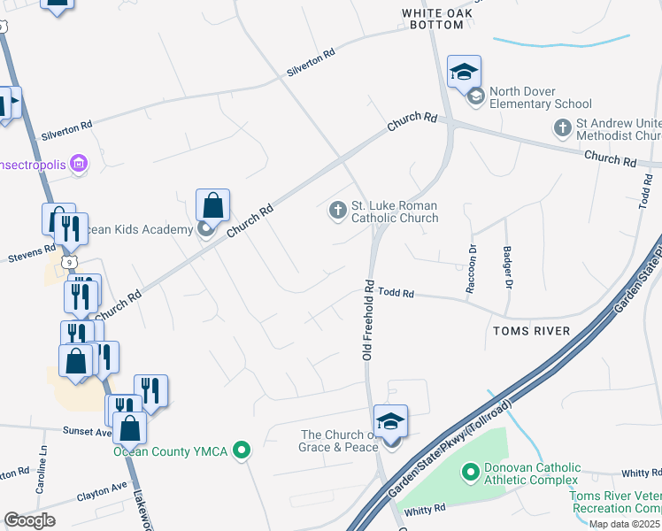 map of restaurants, bars, coffee shops, grocery stores, and more near 1290 Todd Road in Toms River