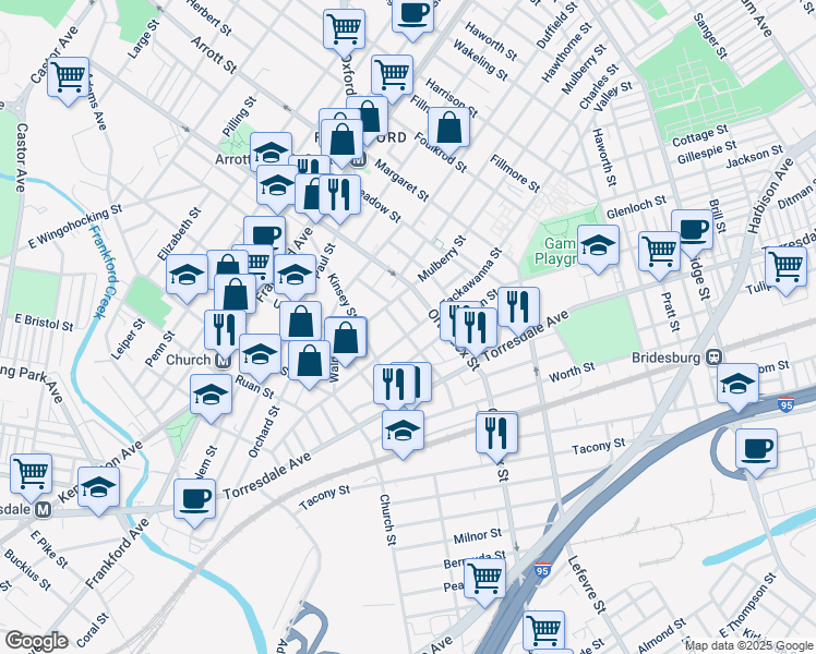 map of restaurants, bars, coffee shops, grocery stores, and more near 4552 Tackawanna Street in Philadelphia