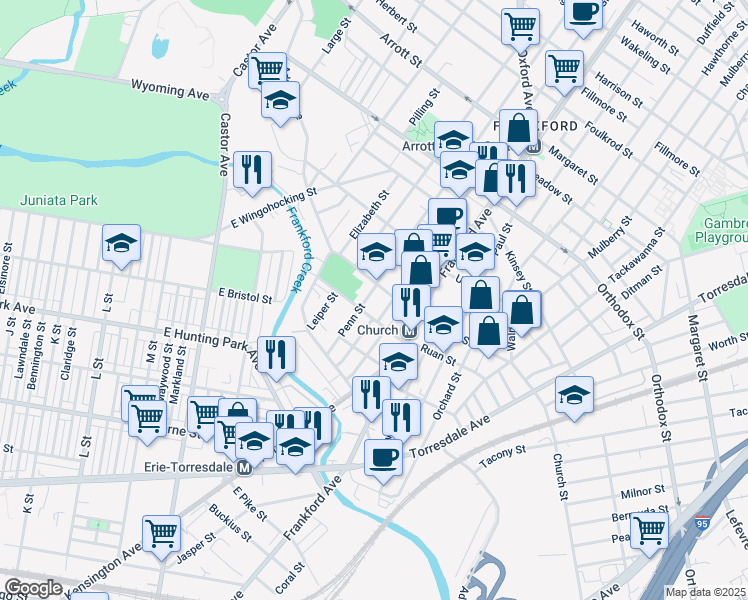 map of restaurants, bars, coffee shops, grocery stores, and more near 4287 Penn Street in Philadelphia