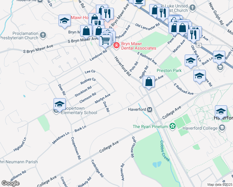 map of restaurants, bars, coffee shops, grocery stores, and more near 217 Morlyn Avenue in Bryn Mawr