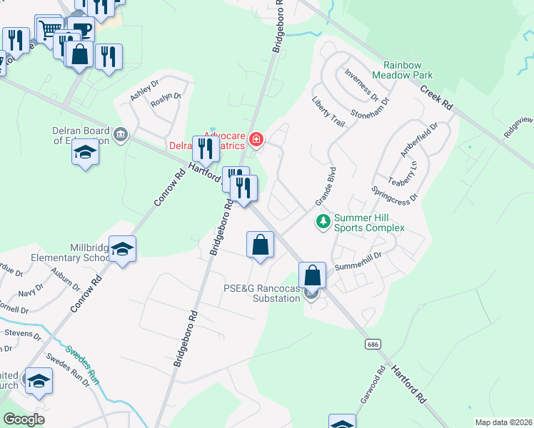 map of restaurants, bars, coffee shops, grocery stores, and more near 335 Huntington Drive in Delran