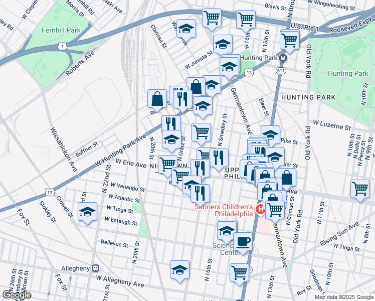 map of restaurants, bars, coffee shops, grocery stores, and more near 3758 North 18th Street in Philadelphia