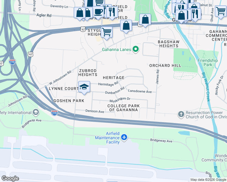 map of restaurants, bars, coffee shops, grocery stores, and more near 352 Albion Way in Gahanna