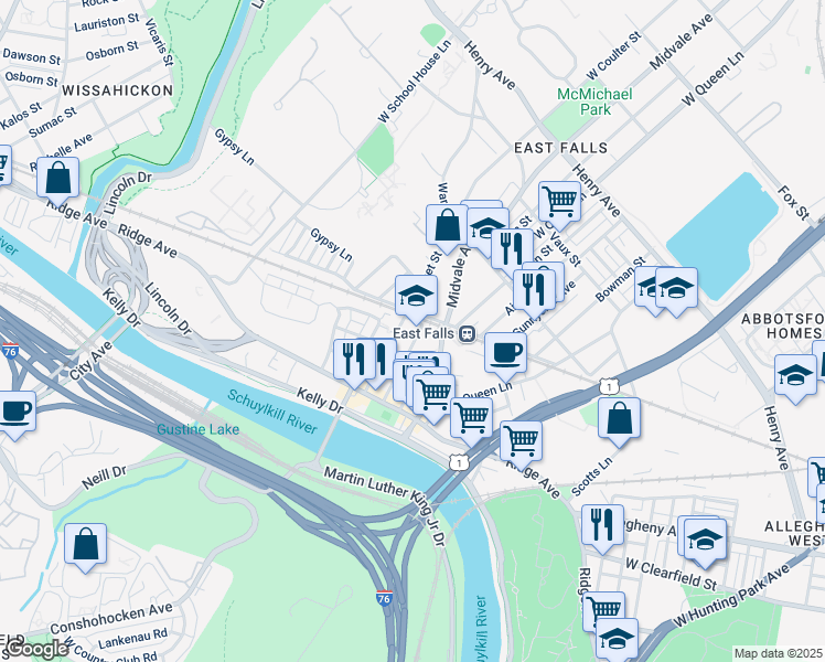 map of restaurants, bars, coffee shops, grocery stores, and more near 3641 Stanton Street in Philadelphia