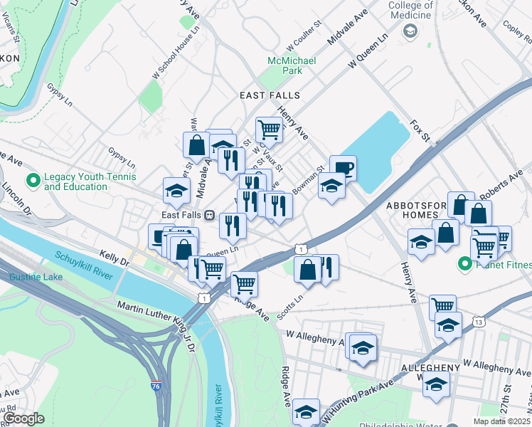 map of restaurants, bars, coffee shops, grocery stores, and more near 3512 Bowman Street in Philadelphia