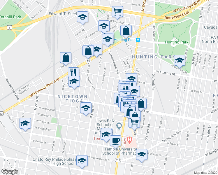 map of restaurants, bars, coffee shops, grocery stores, and more near 3811 North 16th Street in Philadelphia