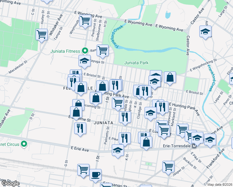 map of restaurants, bars, coffee shops, grocery stores, and more near 4140 J Street in Philadelphia