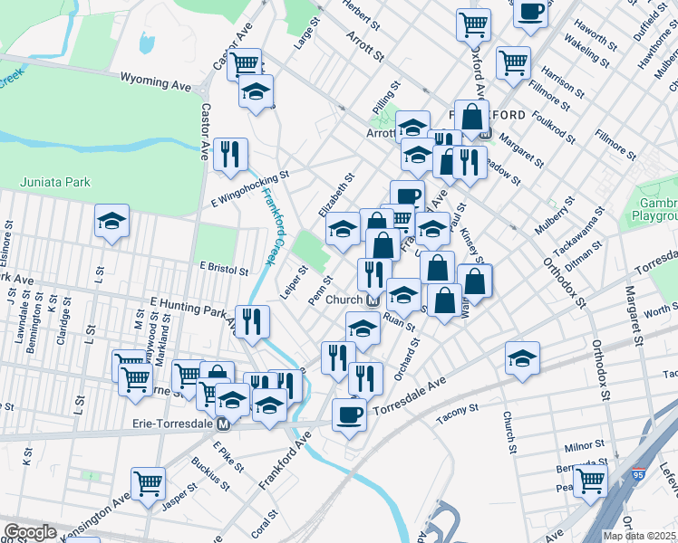 map of restaurants, bars, coffee shops, grocery stores, and more near 4287 Penn Street in Philadelphia