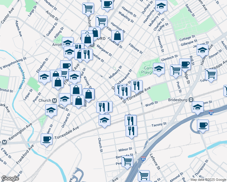 map of restaurants, bars, coffee shops, grocery stores, and more near 1912 Orthodox Street in Philadelphia