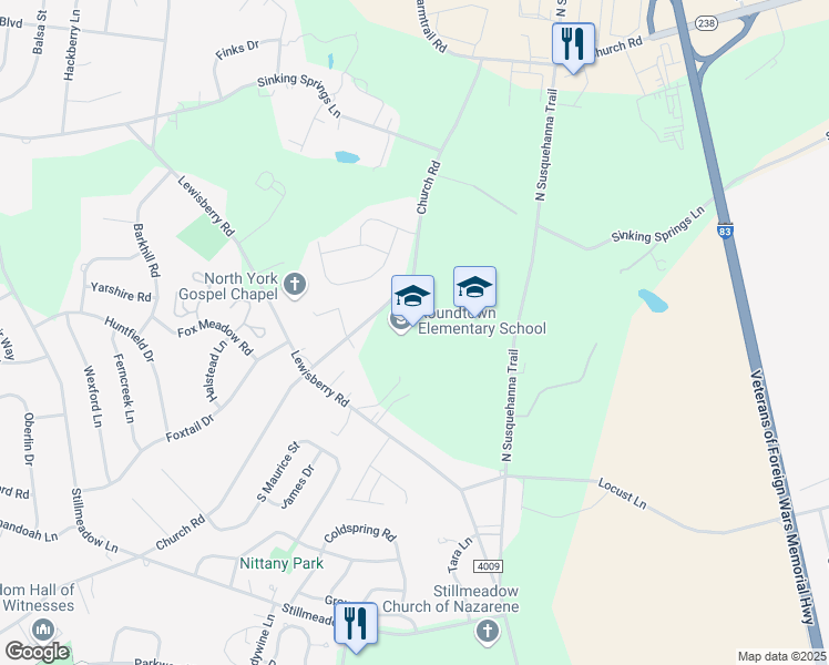 map of restaurants, bars, coffee shops, grocery stores, and more near 570 Church Road in York