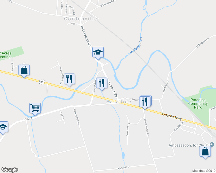 map of restaurants, bars, coffee shops, grocery stores, and more near 22 Leacock Road in Paradise