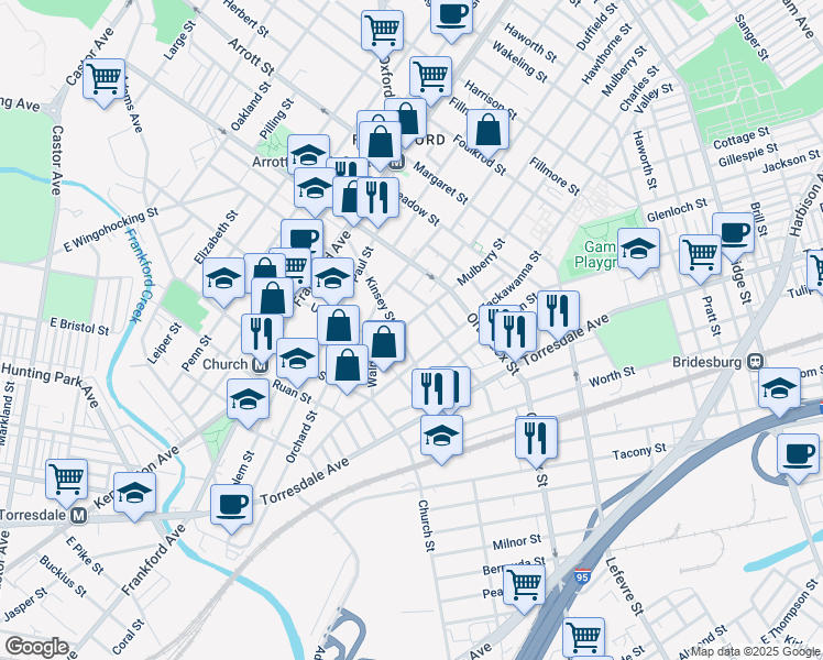 map of restaurants, bars, coffee shops, grocery stores, and more near 4522 Tackawanna Street in Philadelphia