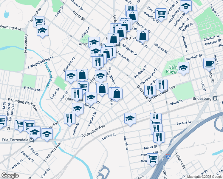 map of restaurants, bars, coffee shops, grocery stores, and more near 1705 Unity Street in Philadelphia