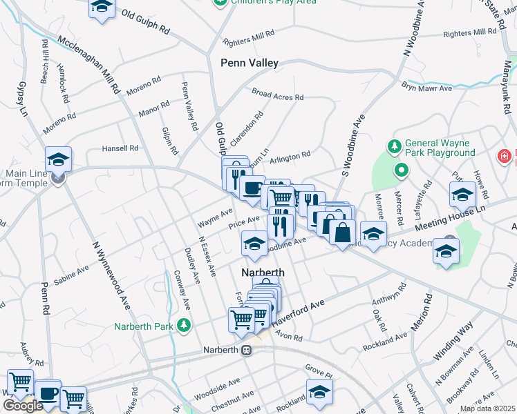 map of restaurants, bars, coffee shops, grocery stores, and more near 933 Montgomery Avenue in Narberth
