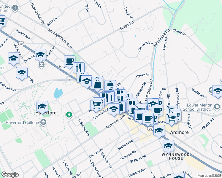 map of restaurants, bars, coffee shops, grocery stores, and more near 50 Woodside Road in Ardmore