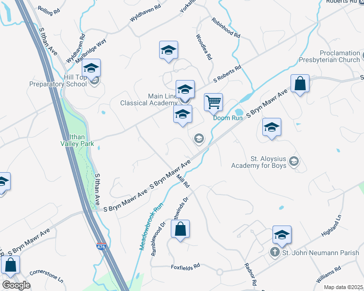 map of restaurants, bars, coffee shops, grocery stores, and more near 401 Barbara Lane in Bryn Mawr