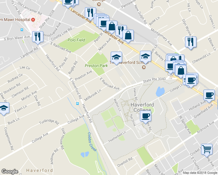 map of restaurants, bars, coffee shops, grocery stores, and more near 550 East Railroad Avenue in Haverford