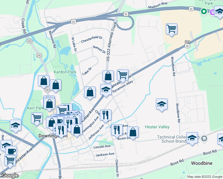 map of restaurants, bars, coffee shops, grocery stores, and more near 500 East Lancaster Avenue in Downingtown