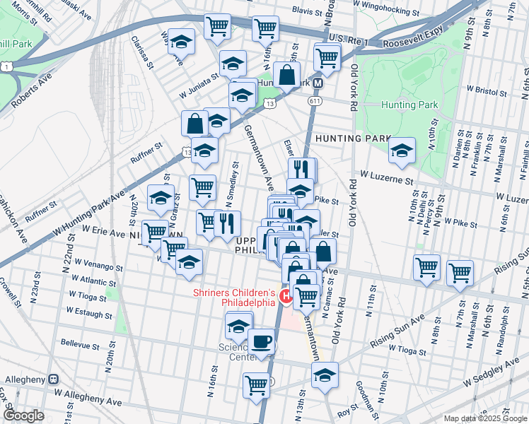 map of restaurants, bars, coffee shops, grocery stores, and more near 3820 North 15th Street in Philadelphia