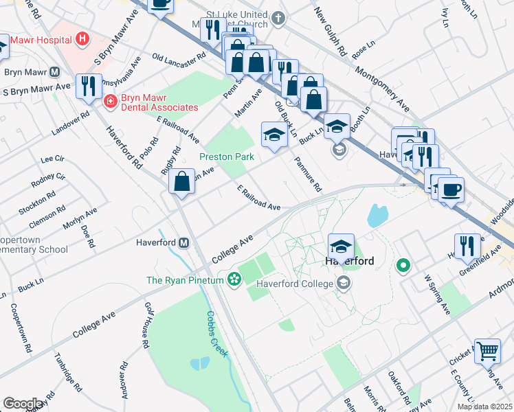 map of restaurants, bars, coffee shops, grocery stores, and more near 550 East Railroad Avenue in Haverford