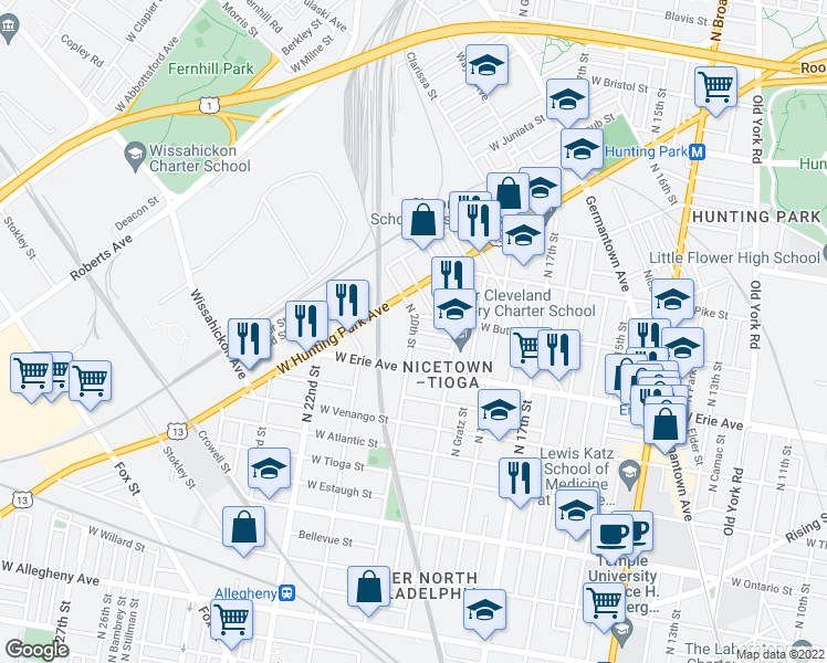 map of restaurants, bars, coffee shops, grocery stores, and more near West Carey Street in Philadelphia