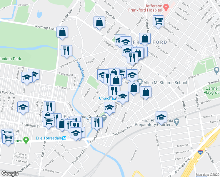 map of restaurants, bars, coffee shops, grocery stores, and more near 4303 Griscom Street in Philadelphia