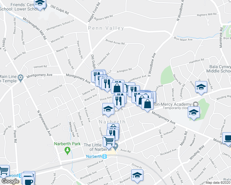 map of restaurants, bars, coffee shops, grocery stores, and more near in Montgomery County