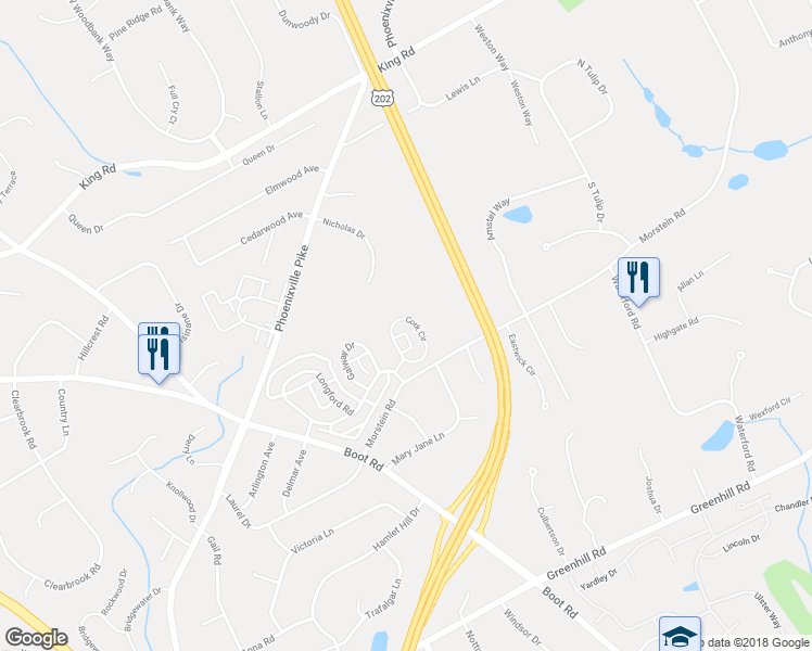 map of restaurants, bars, coffee shops, grocery stores, and more near 523 Cork Circle in West Chester
