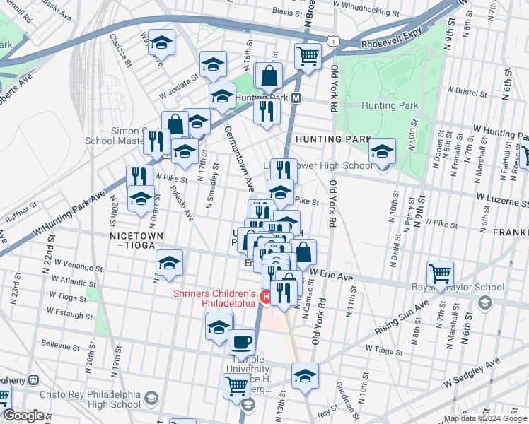 map of restaurants, bars, coffee shops, grocery stores, and more near 3825 Germantown Avenue in Philadelphia