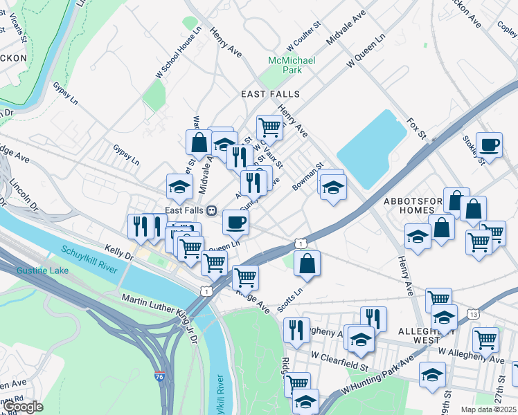 map of restaurants, bars, coffee shops, grocery stores, and more near 3408 Conrad Street in Philadelphia