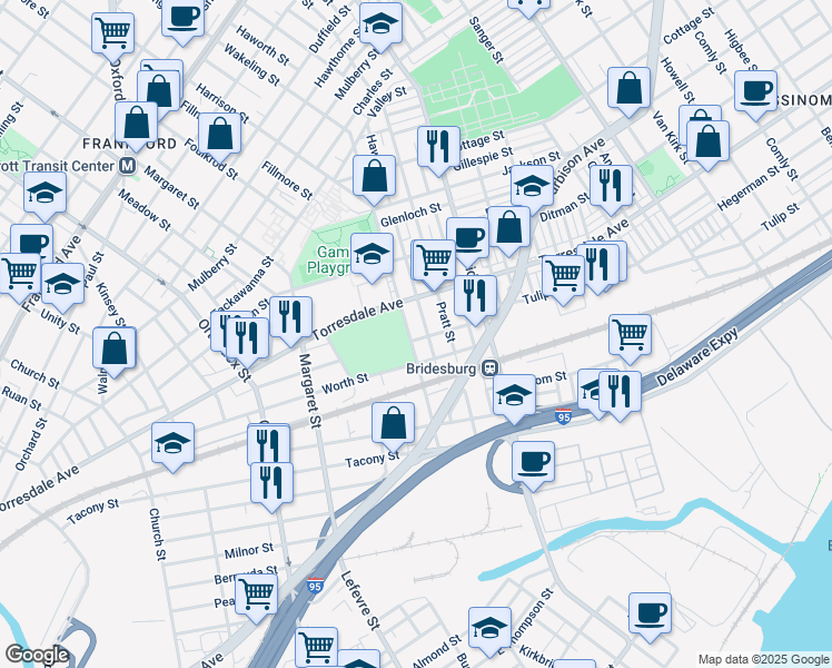 map of restaurants, bars, coffee shops, grocery stores, and more near 5006 Tulip St in Philadelphia