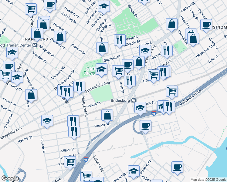 map of restaurants, bars, coffee shops, grocery stores, and more near 5006 Tulip St in Philadelphia