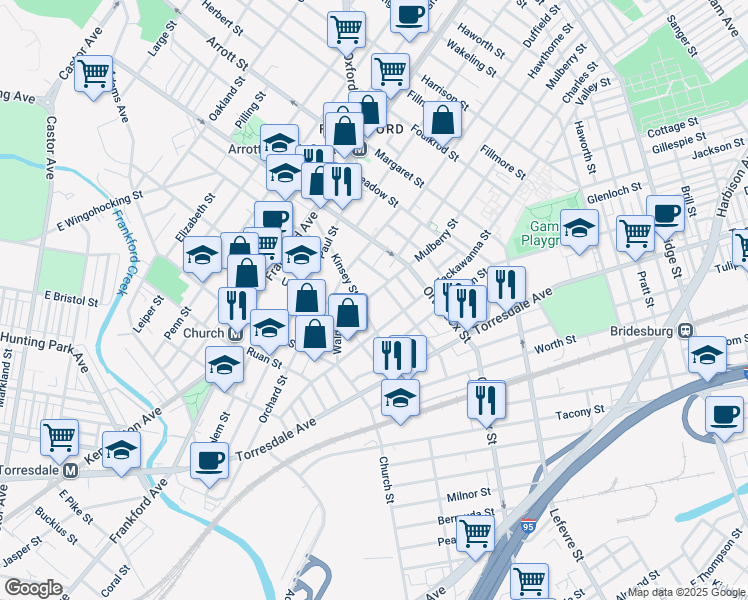 map of restaurants, bars, coffee shops, grocery stores, and more near 4522 Tackawanna Street in Philadelphia