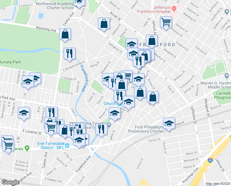 map of restaurants, bars, coffee shops, grocery stores, and more near 4283 Griscom Street in Philadelphia