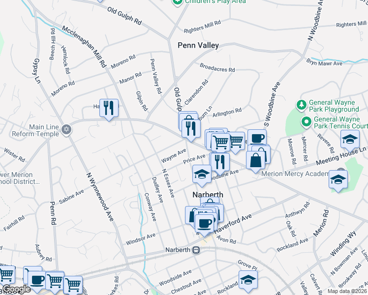 map of restaurants, bars, coffee shops, grocery stores, and more near 400 North Narberth Avenue in Narberth
