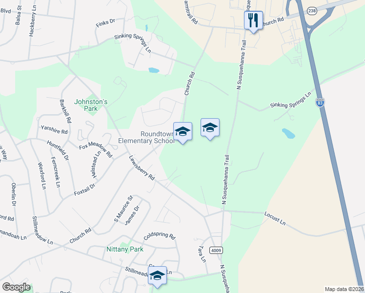 map of restaurants, bars, coffee shops, grocery stores, and more near 570 Church Road in York