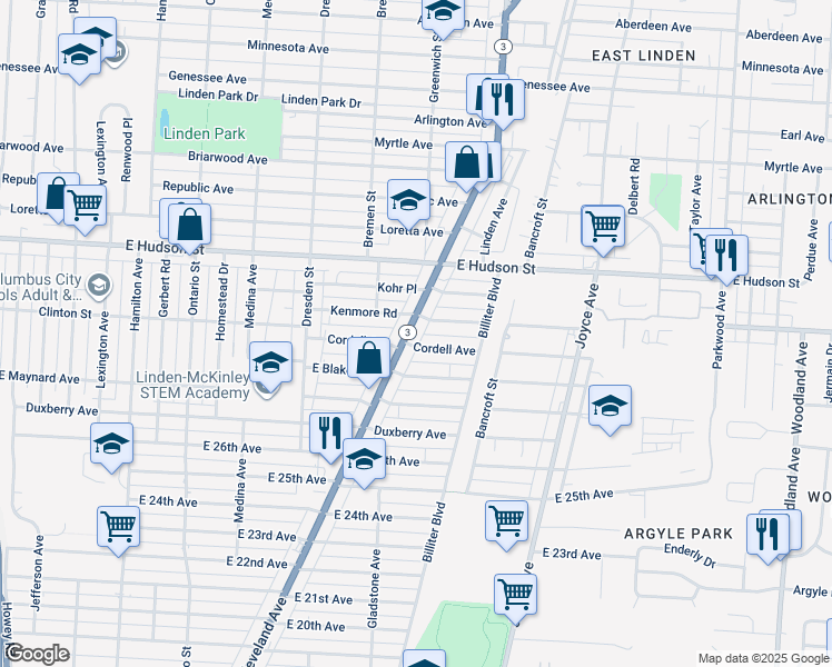 map of restaurants, bars, coffee shops, grocery stores, and more near 1547 Cordell Avenue in Columbus