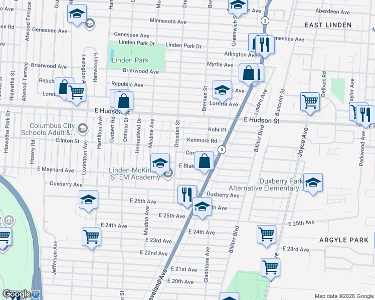 map of restaurants, bars, coffee shops, grocery stores, and more near 1439 Cordell Avenue in Columbus