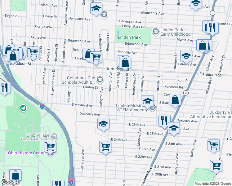 map of restaurants, bars, coffee shops, grocery stores, and more near 2211 Gerbert Road in Columbus