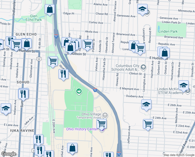 map of restaurants, bars, coffee shops, grocery stores, and more near 2257 Hiawatha Park Drive in Columbus