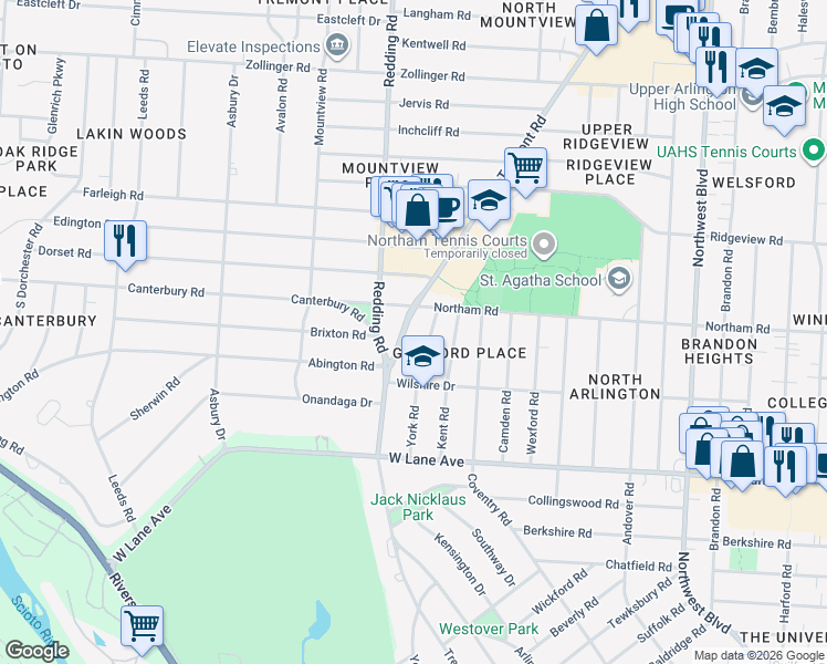 map of restaurants, bars, coffee shops, grocery stores, and more near 2715 York Road in Columbus
