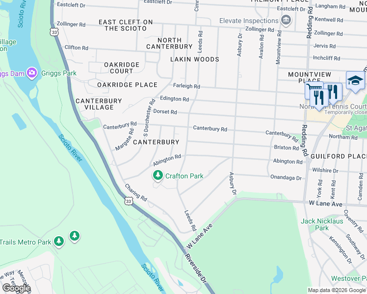 map of restaurants, bars, coffee shops, grocery stores, and more near 2760 Leeds Road in Columbus