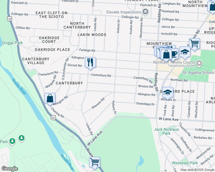 map of restaurants, bars, coffee shops, grocery stores, and more near 2470 Abington Road in Upper Arlington