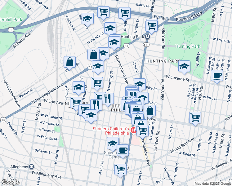 map of restaurants, bars, coffee shops, grocery stores, and more near 3815 North 16th Street in Philadelphia