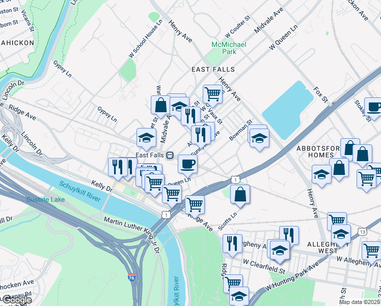 map of restaurants, bars, coffee shops, grocery stores, and more near 3529 Sunnyside Avenue in Philadelphia